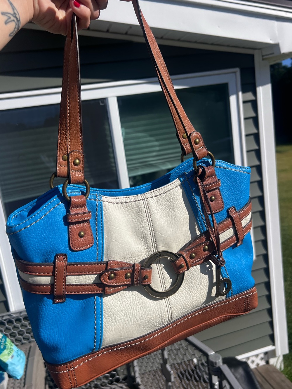 b.o.c. Born Concept Colorblock Leather Shoulder Bag Blue White Brown
